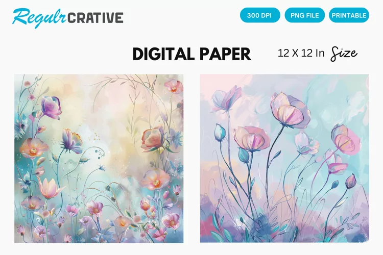 Watercolor Spring Flowers Digital Paper, Floral Background