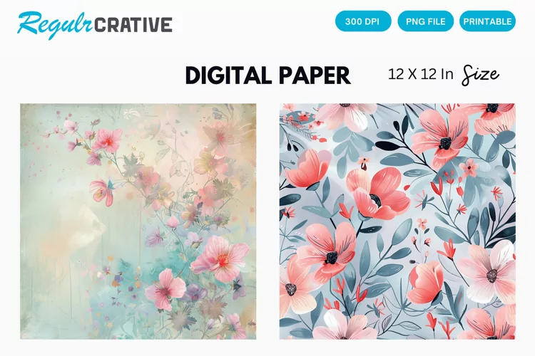 Watercolor Spring Flowers Digital Paper, Floral Background