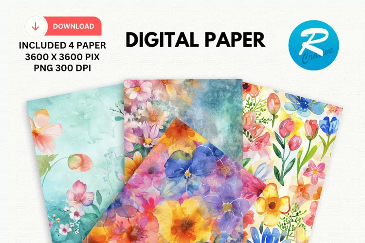 Watercolor Spring Flowers Digital Paper, Spring Background