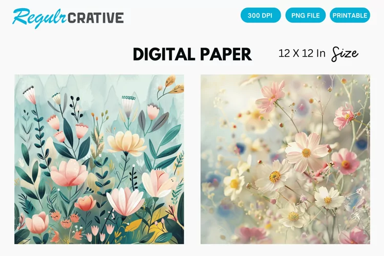 Watercolor Spring Flowers Digital Paper, Floral Background