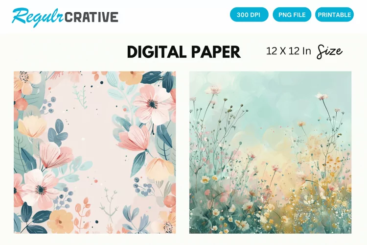 Watercolor Spring Flowers Digital Paper, Floral Background