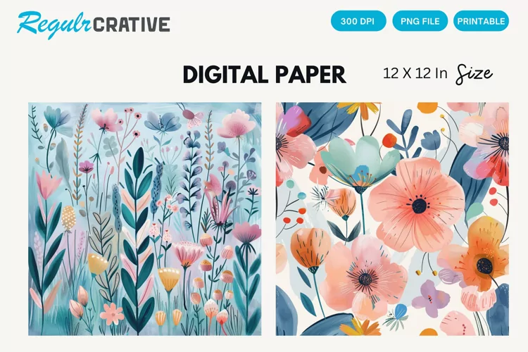 Watercolor Spring Flowers Digital Paper, Floral Background
