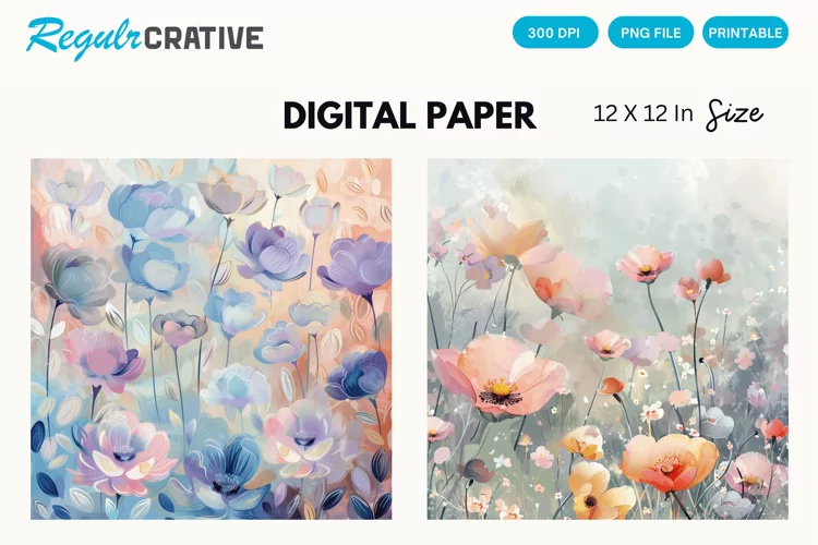 Watercolor Spring Flowers Digital Paper, Floral Background