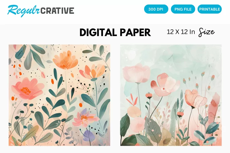 Watercolor Spring Flowers Digital Paper, Floral Background