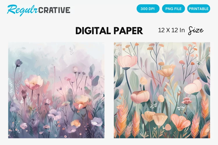 Watercolor Spring Flowers Digital Paper, Floral Background