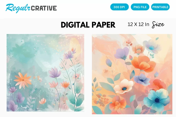 Watercolor Spring Flowers Digital Paper, Floral Background