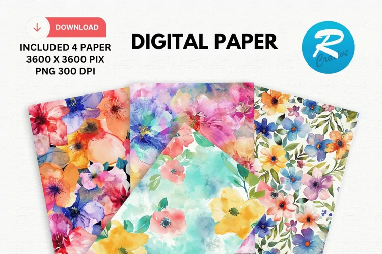 Watercolor Spring Flowers Digital Paper, Spring Background