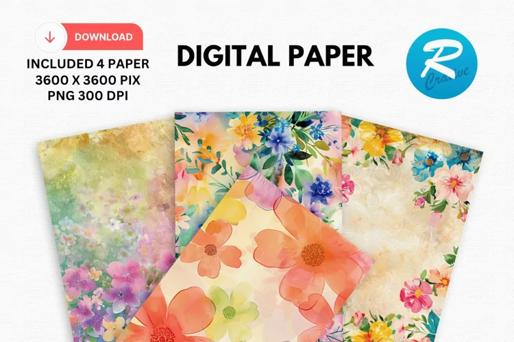 Watercolor Spring Flowers Digital Paper, Spring Background