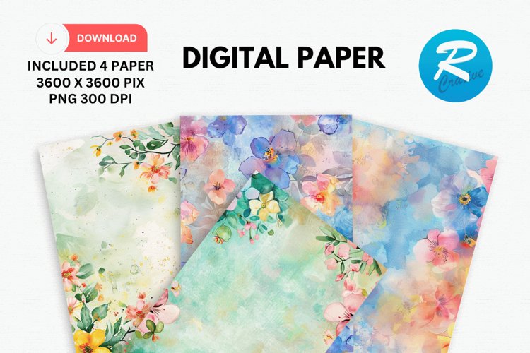 Watercolor Spring Flowers Digital Paper, Spring Background