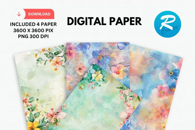 Watercolor Spring Flowers Digital Paper, Spring Background