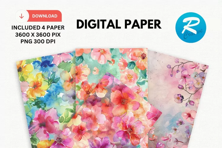 Watercolor Spring Flowers Digital Paper, Spring Background