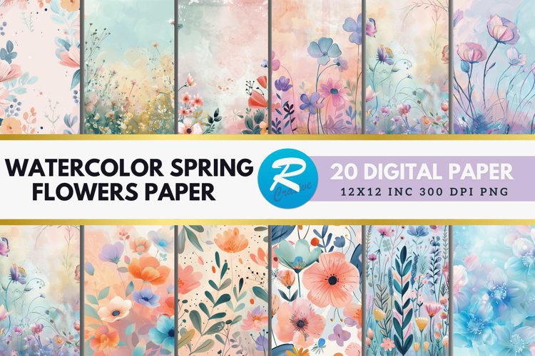 Watercolor Spring Flowers Digital Paper Bundle