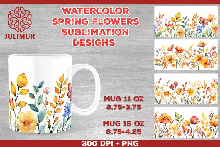 Blooming Spring Watercolor Flowers Mug Sublimation Design