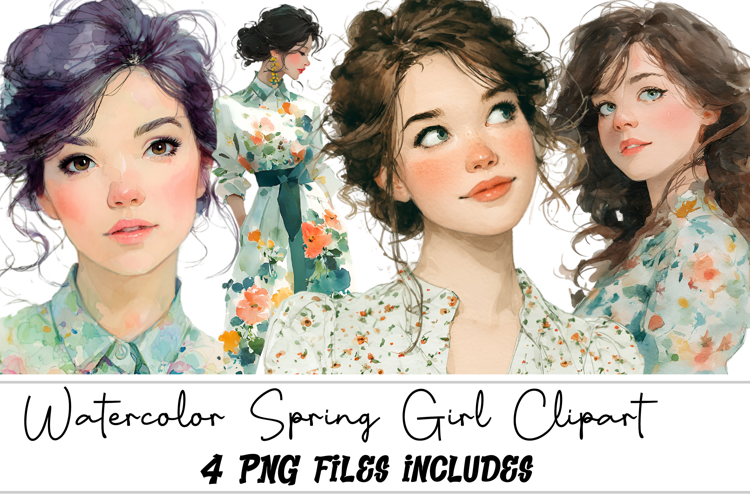 Watercolor Spring Girl Clipart