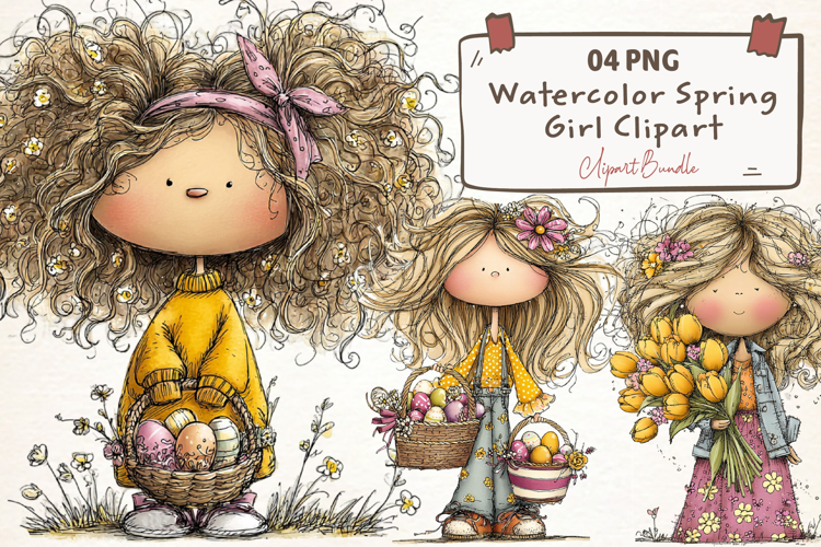 Watercolor Spring Girl Clipart
