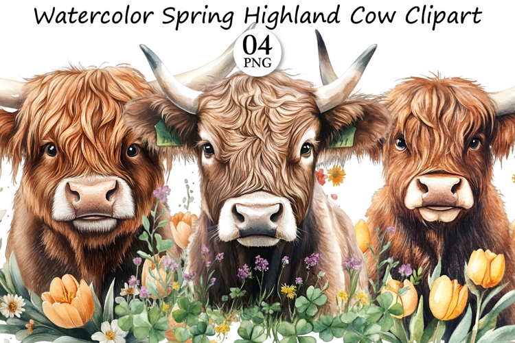 Watercolor Spring Highland Cow Clipart