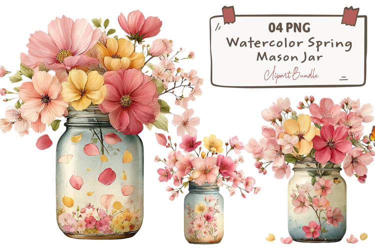 Watercolor Spring Mason Jar Clipart