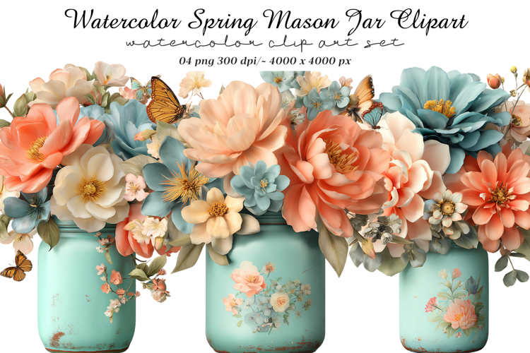 Watercolor Spring Mason Jar Clipart