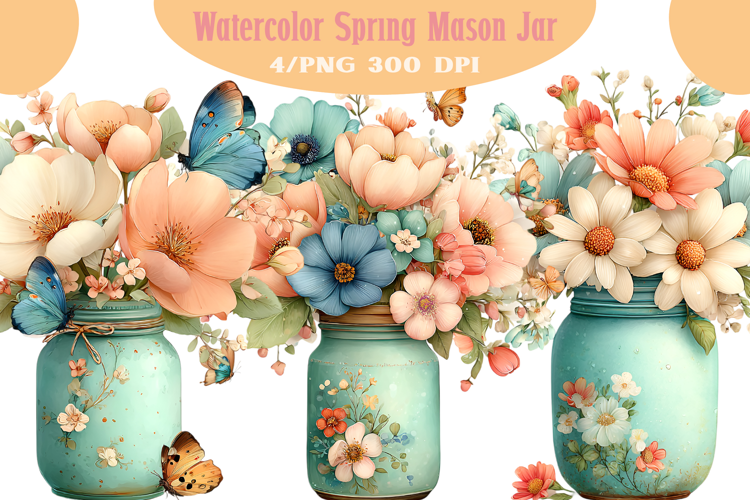 Watercolor Spring Mason Jar Clipart