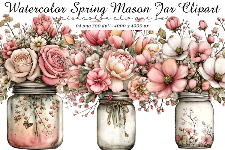 Watercolor spring mason jar clipart
