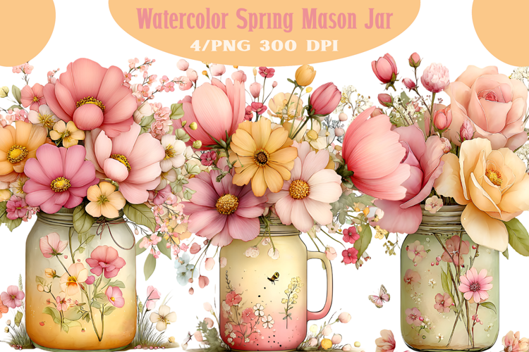 Watercolor Spring Mason Jar Clipart