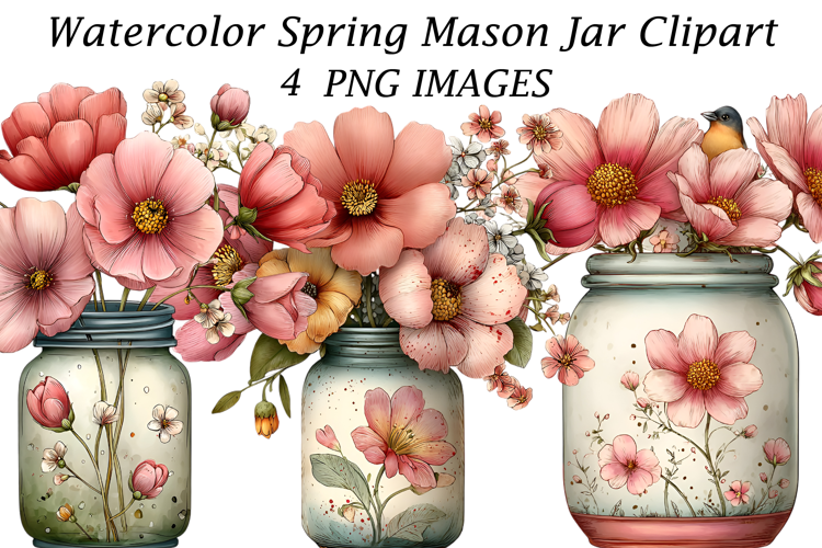 Watercolor Spring Mason Jar Clipart