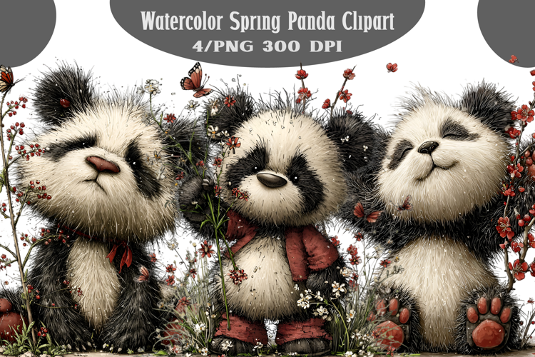 Watercolor Spring Panda Clipart