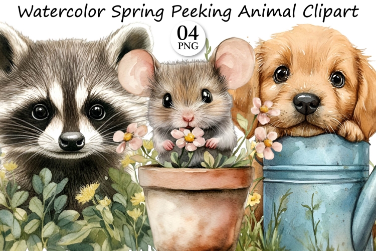 Watercolor Spring Peeking Animal Clipart