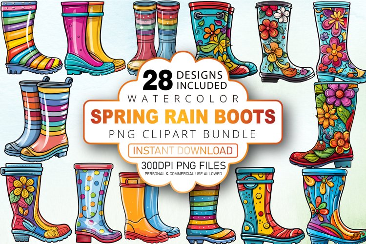 Watercolor Spring Rain Boots Clipart Bundle