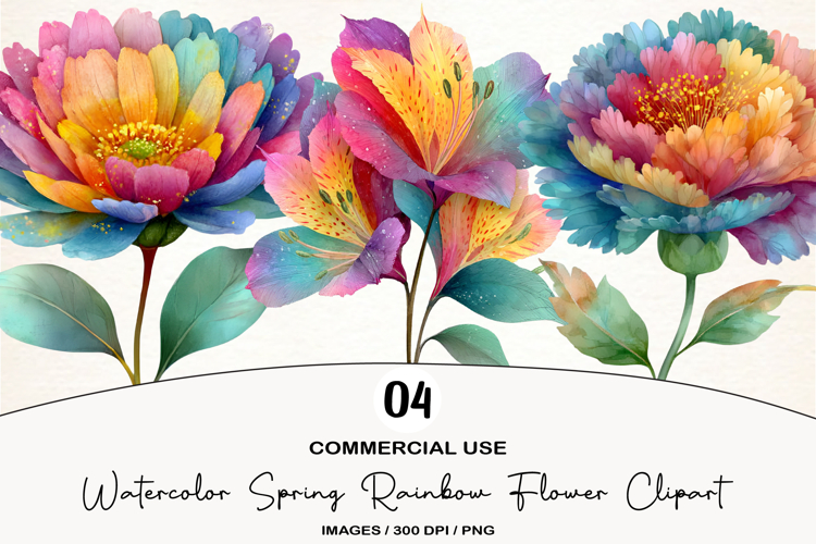 Watercolor Spring Rainbow Flower Clipart