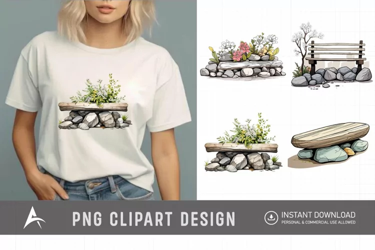 Watercolor Spring Stone Benches Clipart