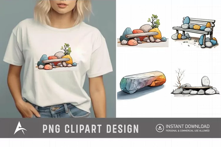 Watercolor Spring Stone Benches Clipart