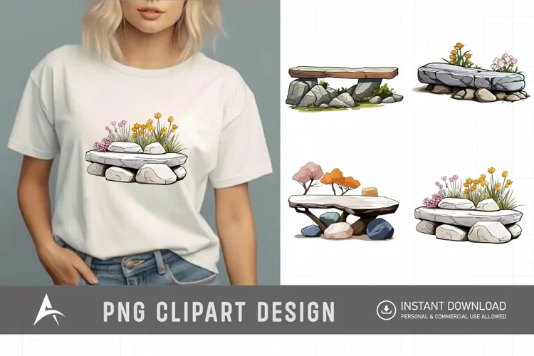 Watercolor Spring Stone Benches Clipart