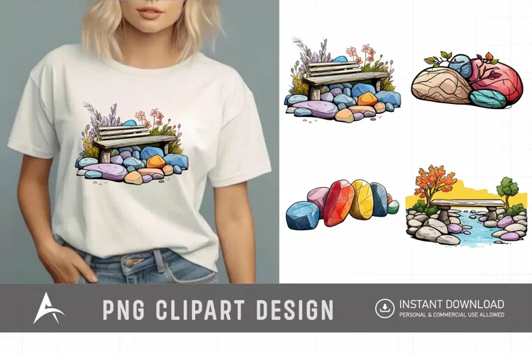 Watercolor Spring Stone Benches Clipart