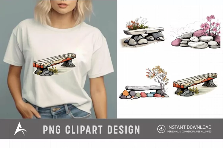 Watercolor Spring Stone Benches Clipart