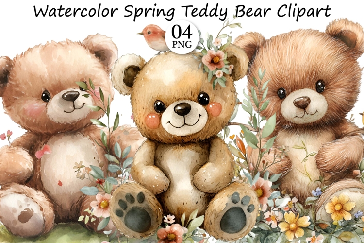 Watercolor Spring Teddy Bear Clipart