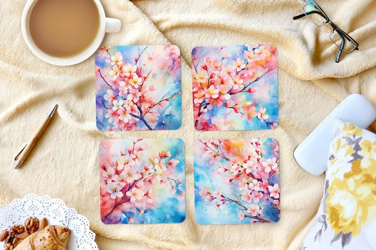 Watercolor Spring Trees- 4" Coaster Sublimation PNG Designs