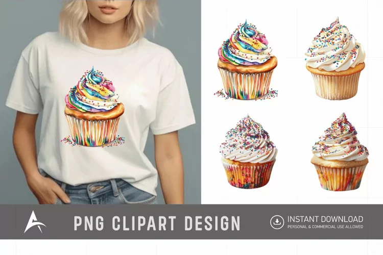 Watercolor Sprinkle Cupcake Clipart