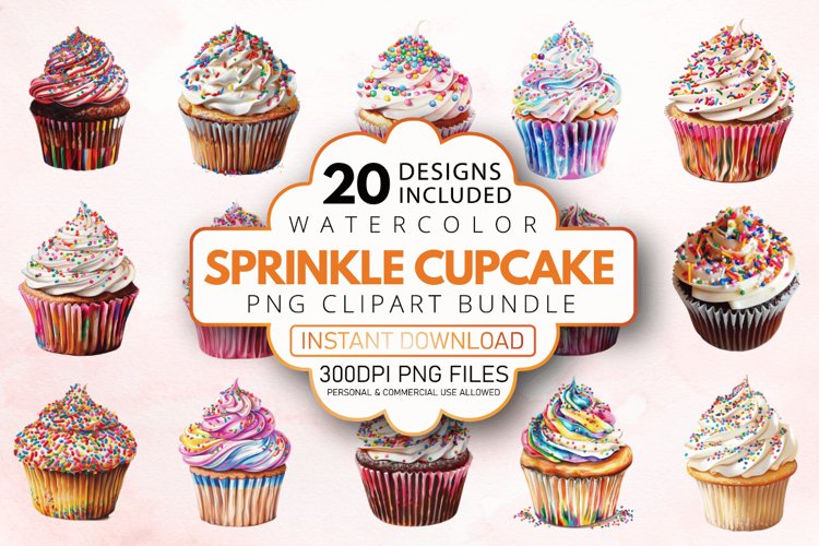 Watercolor Sprinkle Cupcake Clipart Bundle