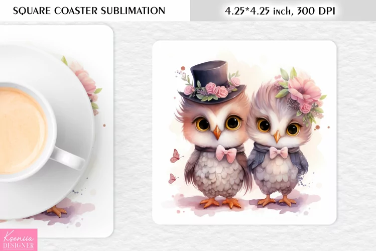 Cute Watercolor Owl| Square Coaster Sublimation