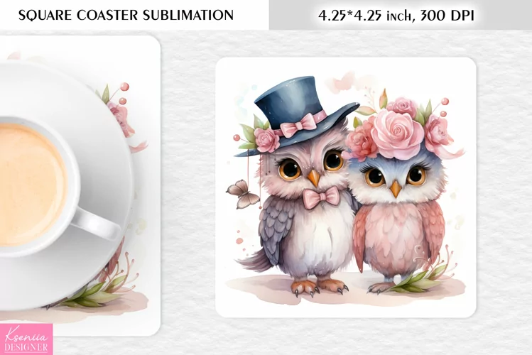 Cute Watercolor Owl| Square Coaster Sublimation