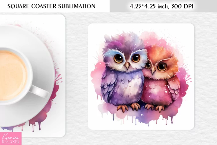 Cute Watercolor Owl| Square Coaster Sublimation