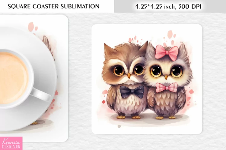 Cute Watercolor Owl| Square Coaster Sublimation