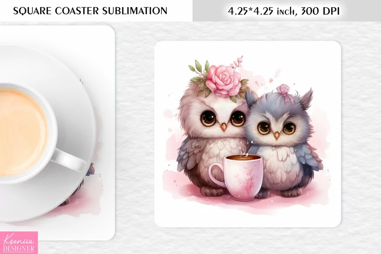 Cute Watercolor Owl| Square Coaster Sublimation
