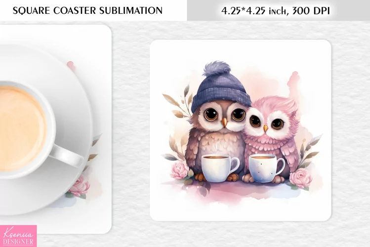 Cute Watercolor Owl| Square Coaster Sublimation