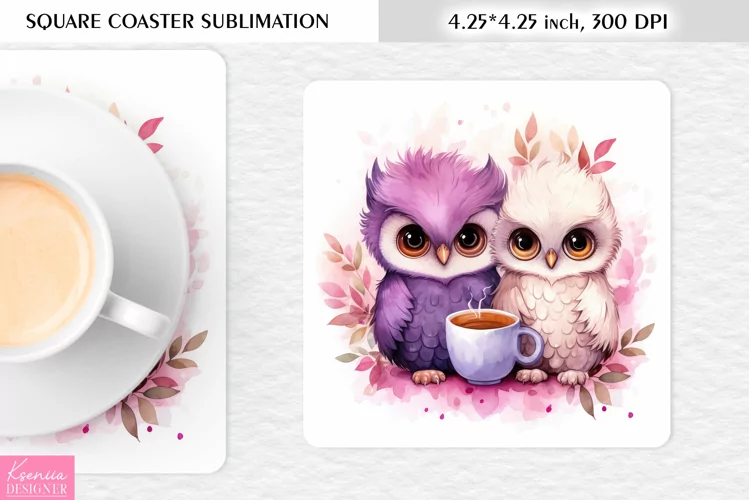 Cute Watercolor Owl| Square Coaster Sublimation