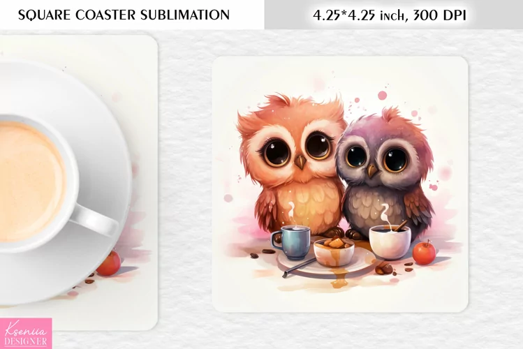 Cute Watercolor Owl| Square Coaster Sublimation