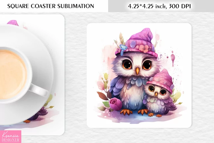 Cute Watercolor Owl| Square Coaster Sublimation