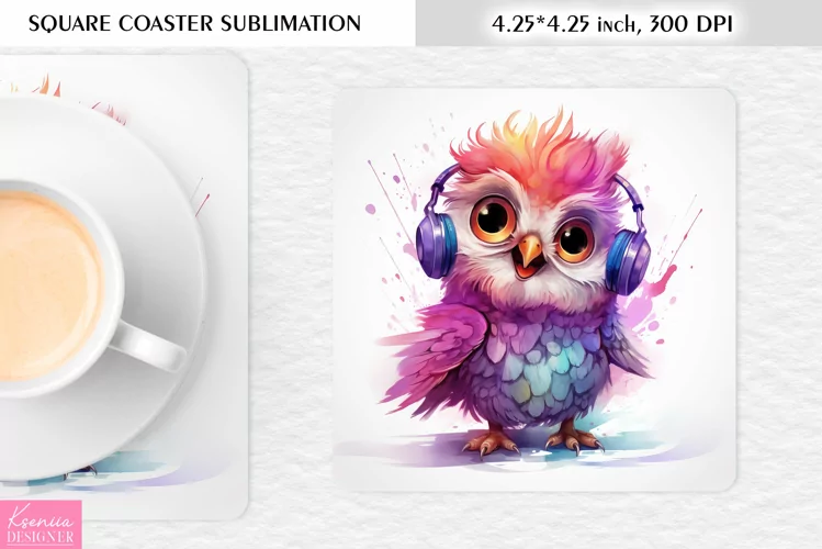 Cute Watercolor Owl| Square Coaster Sublimation