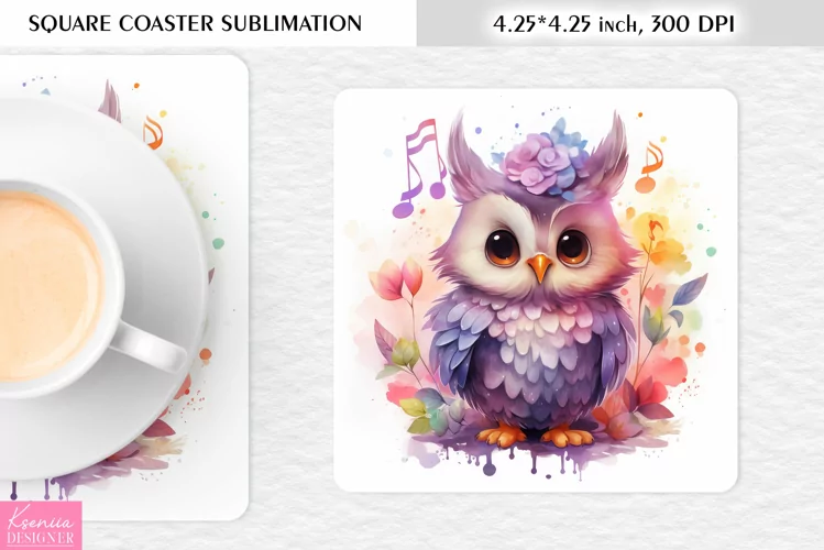 Cute Watercolor Owl| Square Coaster Sublimation